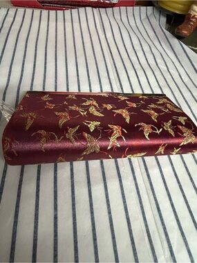 Burgundy Satin Clutch with Gold Embroidered Bird Accents